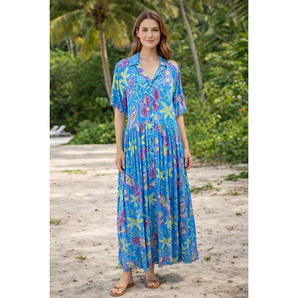 New Aura Shirt Dress Womens L Button Down Maxi Floral Pleated Cottage Blue NWT